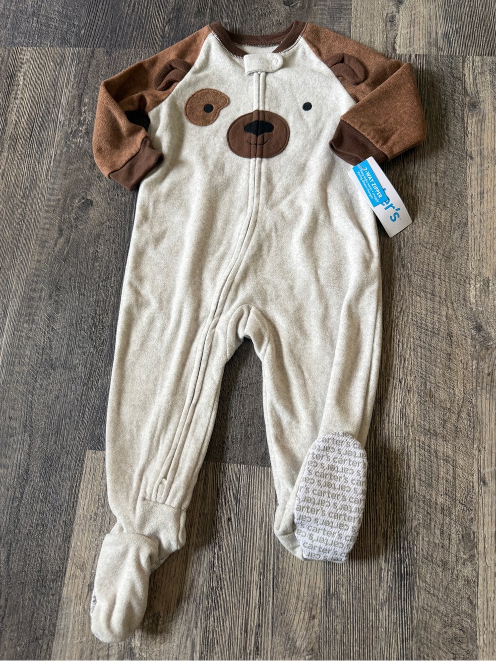 Carter’s Puppy Dog Footed Fleece Sleeper 12M Brown Cream 2-Way Zip Pajamas NWT